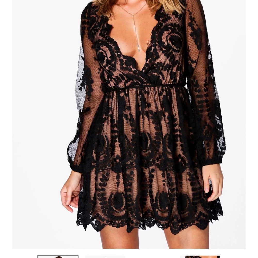 Boohoo Black Lace Skater Dress size 8
